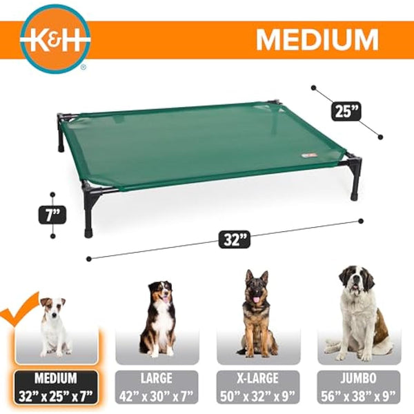 K&H Pet Products Elevated Outdoor Dog Cot, Raised Cooling Bed With Washable Breathable Mesh for Medium Dogs, Portable Platform, Heavy Duty Metal Frame Hammock, Medium, Green