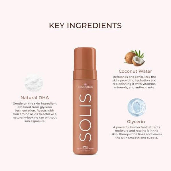 COCOSOLIS SOLIS Dark self-tanning lotion for face and body, mousse for a rich, natural and long-lasting tan, with plant-based DHA (200 ml)