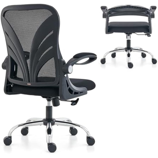 HOLLUDLE Ergonomic Office Chair with Foldable Backrest, Computer Desk Chair with Flip-up Armrests, Mesh Lumbar Support and Tilt Function Big and Tall Office Chair, Black