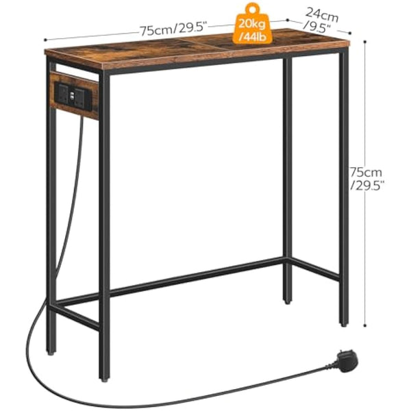HOOBRO Console Table with Power Outlets, Slim Console Table with Charging Station, Hallway Table, Narrow Sofa Table for Small Space, Hallway, Entryway, Living Room, Rustic Brown and Black EBF75KXG01G1