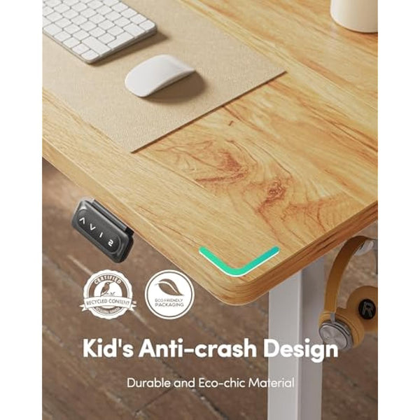 FEZIBO Electric Height Adjustable Standing Desk, 60x120cm Ergonomic Home Office Table with Splice Board & Light Brown Wood Grain Surface, Upgraded Stable Steel Frame for Sit-Stand Workstation