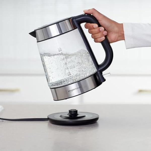 Amazon Basics Electric Glass Kettle, 1.7 Litres, Black, Silver