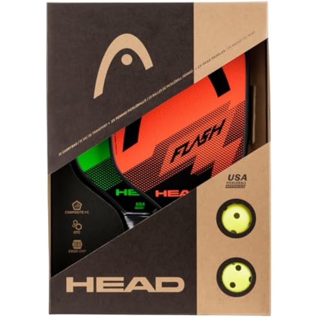 Head Flash Pickleball Pack - 2 Approved Paddles, 2 Outdoor Balls, Carry Sack