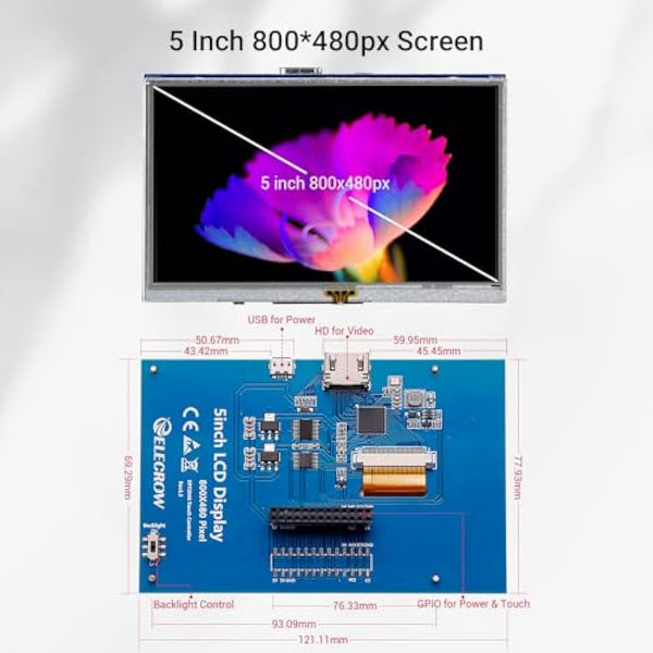 ELECROW For Raspberry Pi Screen, 5-inch Touch Screen Small Monitor 800x480 TFT LCD Dispaly Mini Monitor Competible with Raspberry Pi 5/4/3/2B2/Zero, BB Black, Banana Pi, Windows 11/10/8/7, Jetson Nano