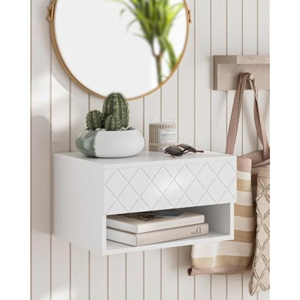 HEYZOEY Floating Bedside Table, Small Modern Nightstand With Drawer, Shelves for Bedroom, Bathroom, White Diamond