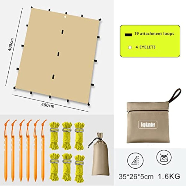 4x4m Camping Tarp Multifunctional Hammock Tarp Shelter Lightweight Awning Canopy for Bushcraft Backpacking Outdoor Survival Bivvy Tent Gazebo