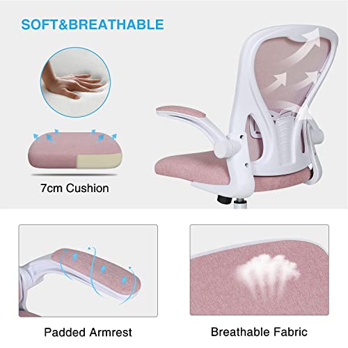 Fullwatt Pink Modern Office Gaming Relaxing Ergonomic Mesh Back Flip-up Armrest Task Chair with Lumbar Support, Mesh Seat, Nylon Wheels, 60cm Seat