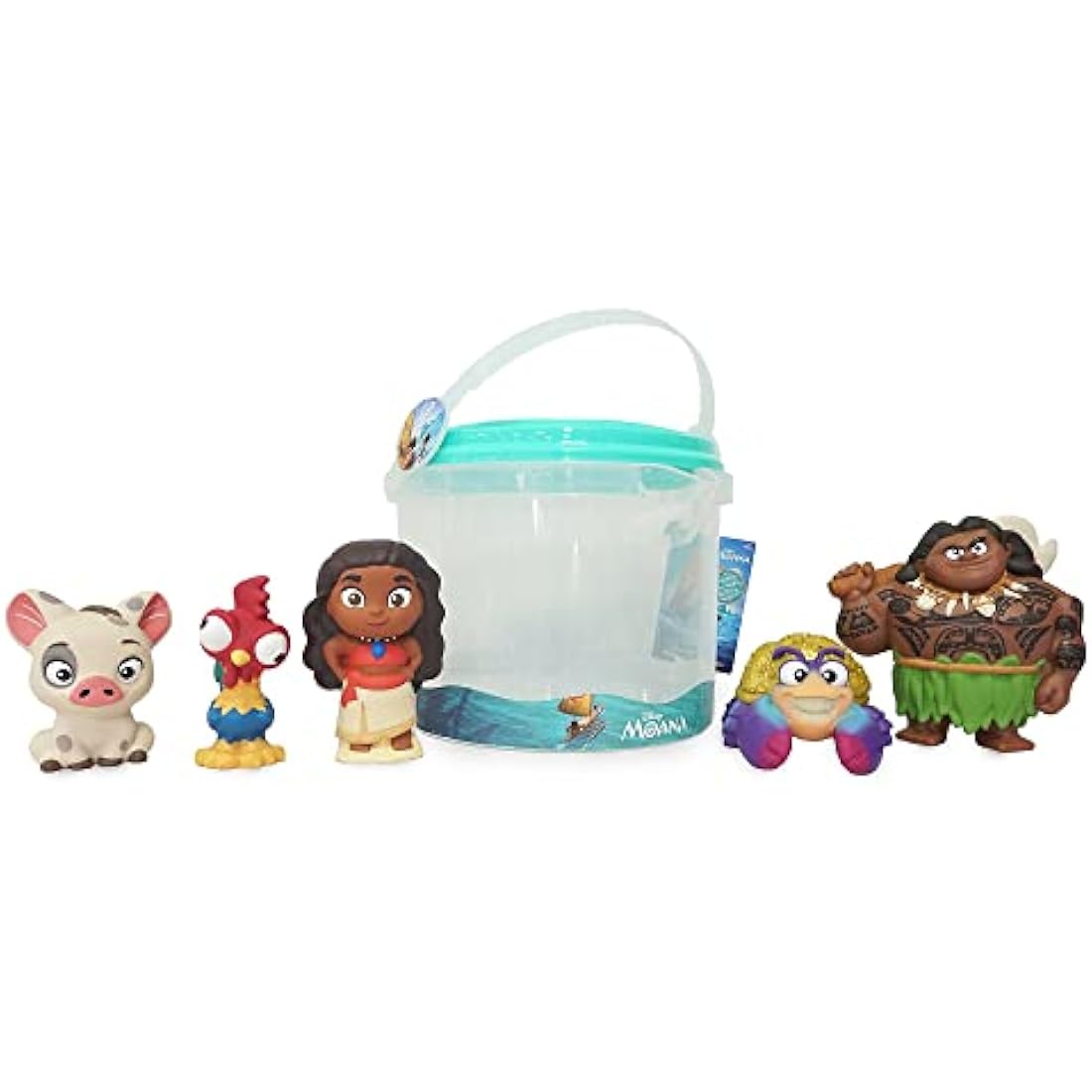Disney Store Official Moana Bath Toy Set, 5 Pc. Set, Includes Moana, Maui, Pua, Hei-Hei, and Tamatoa, Moana Toys with Storage Bucket, Suitable for 6 Months+