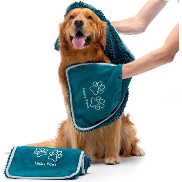 Lucky Paws® Chenille Dog Towel with Hand Pockets - UK Based Seller - Absorbent Microfibre Towel - Fast Drying - Super Soft - Machine Washable & Dryable - 88 x 32cm (Pack of 2, Teal)