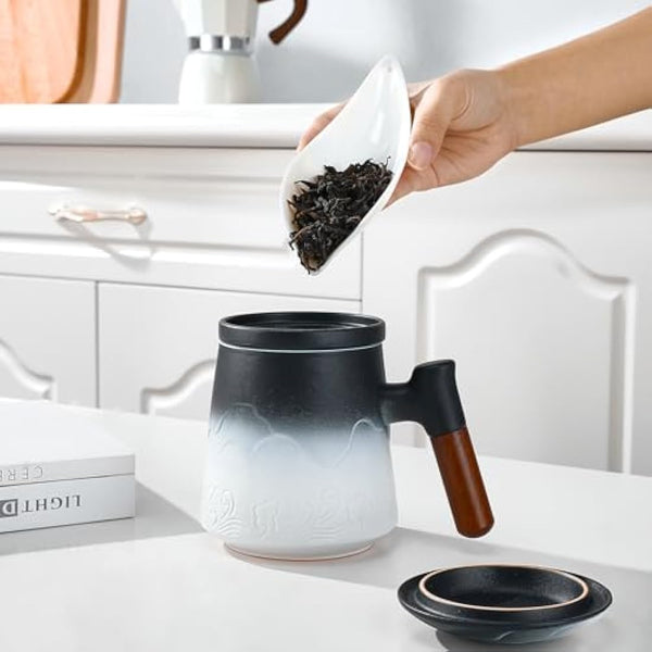 ZENS Tea Mug with Infuser and Lid, 450ML Embossed Ceramic Loose Leaf Tea Cup with Fine Strainers for Diffusers, Wood Handle Tea Infuer Mug for Steeper Tea Accessories for Women Tea Lovers Gifts