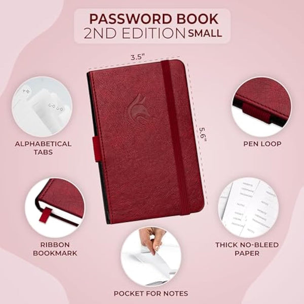 Clever Fox Password Book 2nd Edition Small – Pocket Password Keeper with Laminated Alphabetical Tabs – Internet Address Notebook & Login Details Organizer Journal – 8.9x14.2cm (Wine Red)