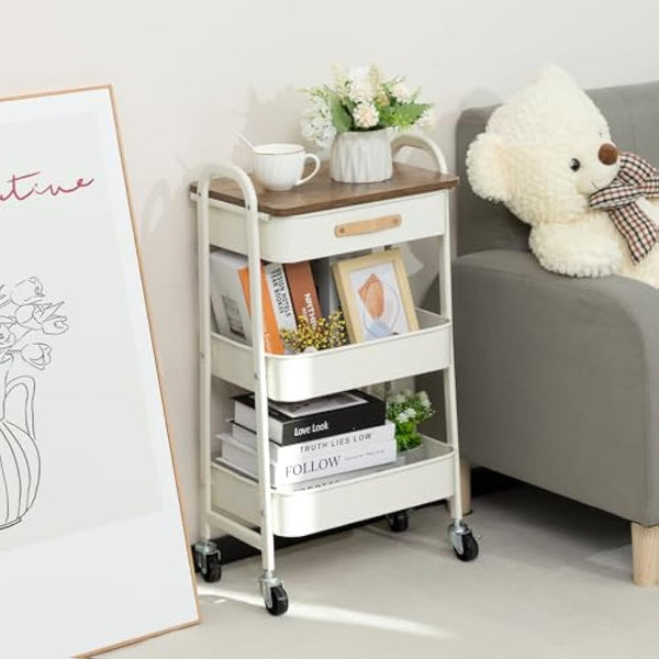 DOEWORKS Storage Trolley on Wheels Metal 3-Tier Trolley Cart with Drawer Rolling Kitchen Trolleys Beauty Trolleys with Leather Handle for Room Bathroom Office, White
