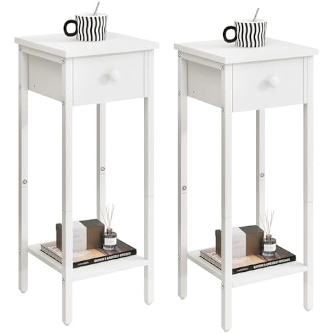 IBUYKE Slim Bedside Table Set of 2, Narrow Nightstand with Drawer, Telephone Table for Small Spaces, 25x25x70cm, Small Side End Table for Bedroom Living Room Hallway, White TMJ417W-2
