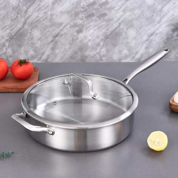 Inqibee 2.5 L Tri-Ply Stainless Steel Sauté Pan with Lid,26 CM Induction Frying Pan,Detachable Ergonomic Handle and Oven Safe