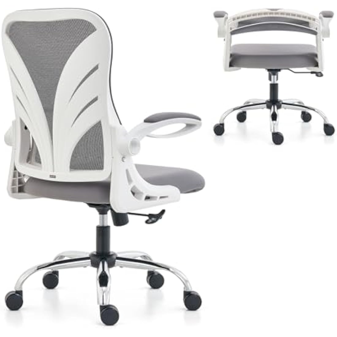 HOLLUDLE Ergonomic Office Chair with Foldable Backrest, Computer Desk Chair with Flip-up Armrests, Mesh Lumbar Support and Tilt Function Big and Tall Office Chair, White