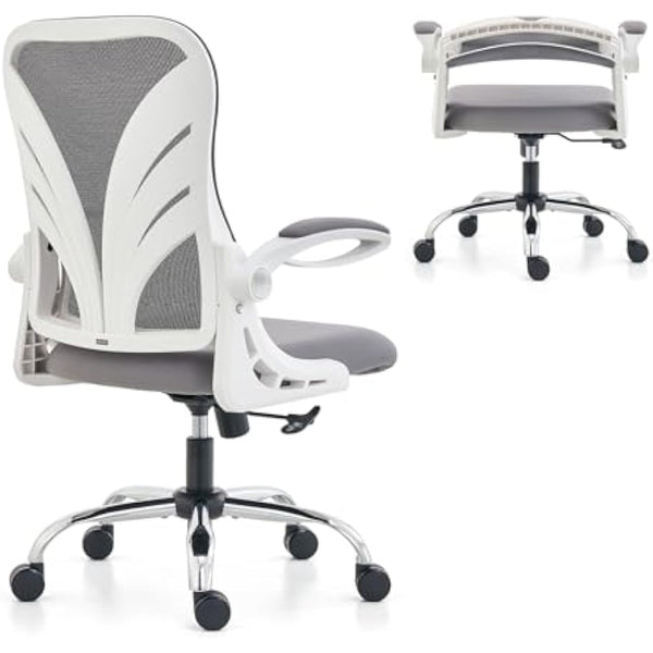 HOLLUDLE Ergonomic Office Chair with Foldable Backrest, Computer Desk Chair with Flip-up Armrests, Mesh Lumbar Support and Tilt Function Big and Tall Office Chair, White