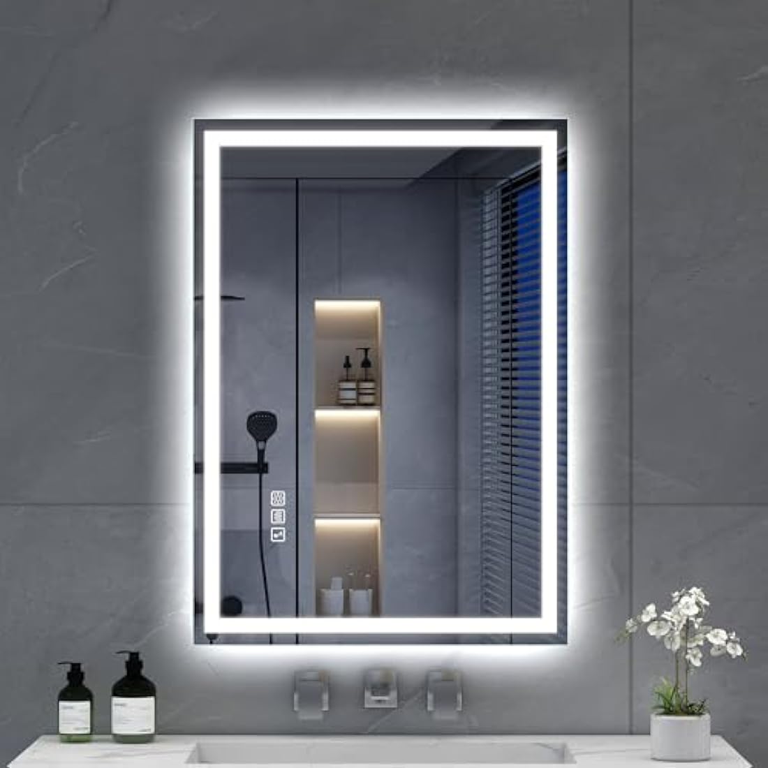 S'bagno Bluetooth-Bathroom-Mirror-with-LED-Lights 700x500mm, LED-Bathroom-Mirror with Defogging Mat, 3000K-6500K, Dimmable, Memory, HD Tempered Glass, IP44 Waterproof, Horizontal/Vertical