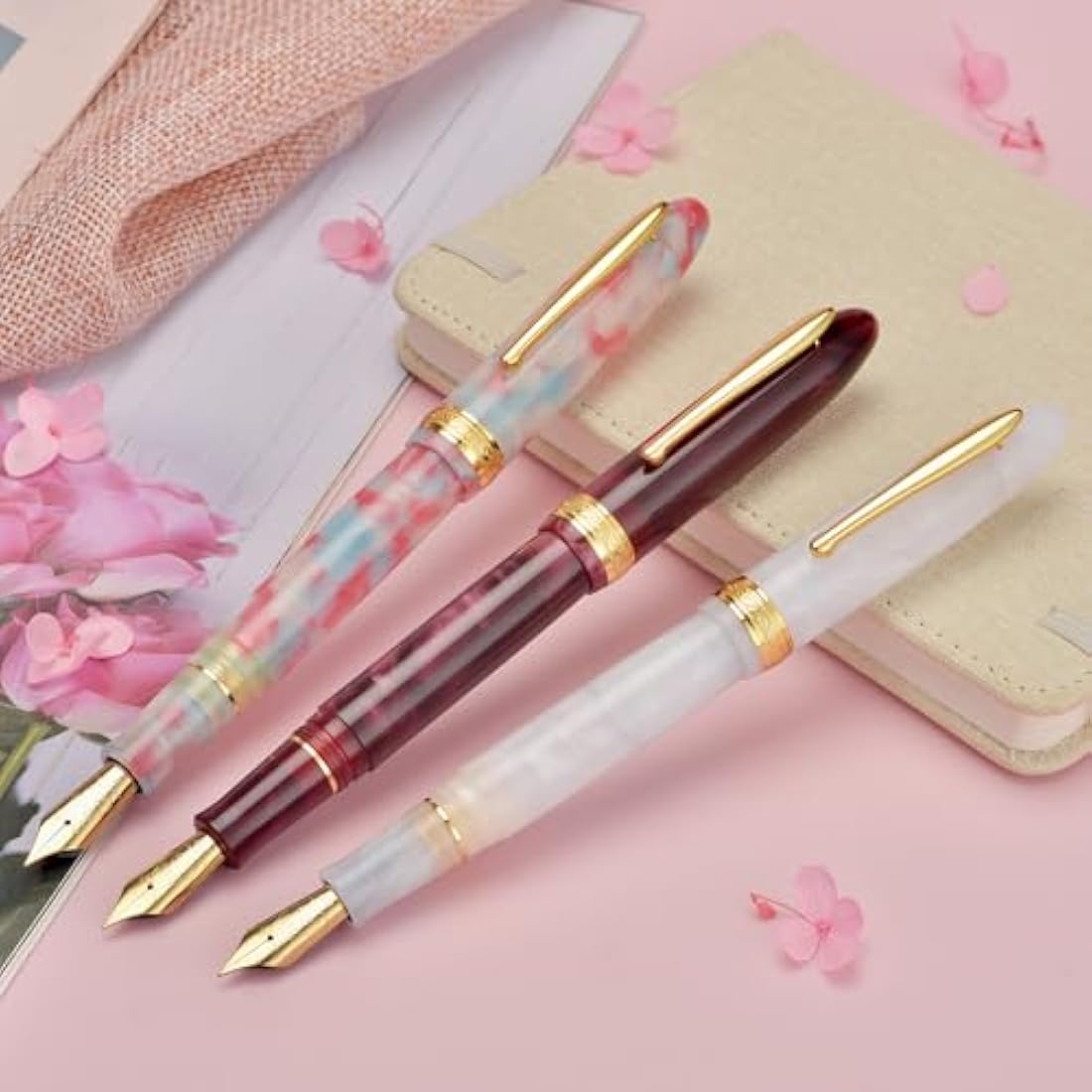 Hong Dian N9 Fountain Pen, Long Leaf Medium Point Gold Ornaments, Wine Red and Acrylic Design with Converter and Metal Pen Box