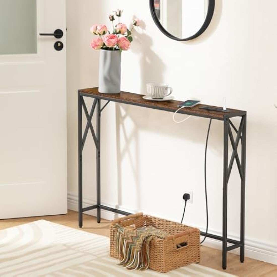 MAHANCRIS Console Table with Charging Station, 100 CM Narrow Sofa Table, Long Entryway Table, Hallway Table with USB Ports, Behind Couch Table with Power Outlets, Rustic Brown ACTHR151KE01N1