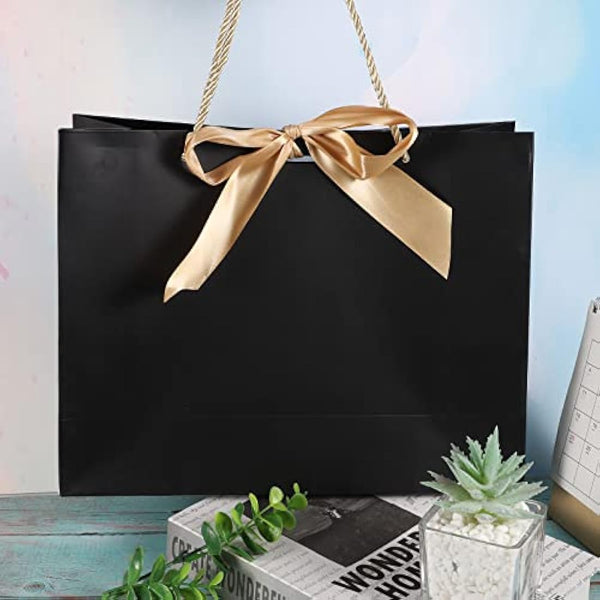 10 Pcs Black Gift Bags with Gold Bow Ribbon, Paper Party Favor Bag with Handles Gift Bags Large for Wedding Graduation Birthday Party Celebration Present Bags, 13x9.8x4.3 Inches