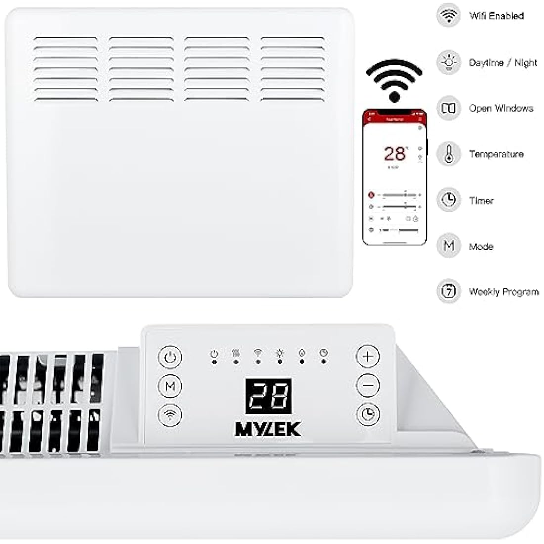 MYLEK Panel Space Heater 1KW Eco Smart WiFi App Radiator Electric Low Energy, 1KW,1.5KW, 2KW Available - Wall Mounted or Floor Standing, Bathroom IP24 Rated for Homes, Offices (1000w)