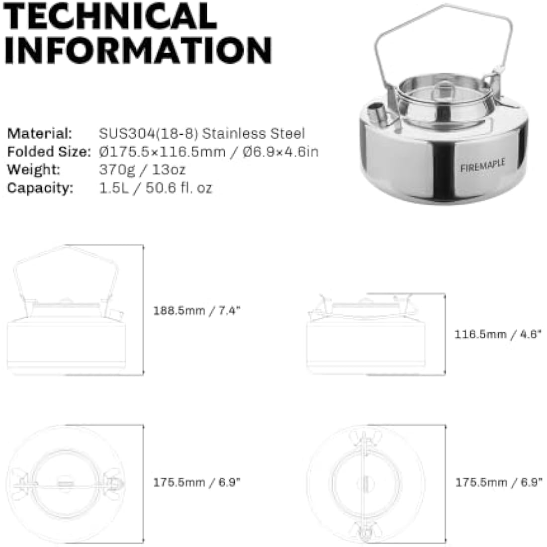 Fire Maple Antarcti Pot Kettle Series | Portable Durable Bushcraft Gear | SUS304 Stainless Steel (Antarcti 1.5L Kettle)