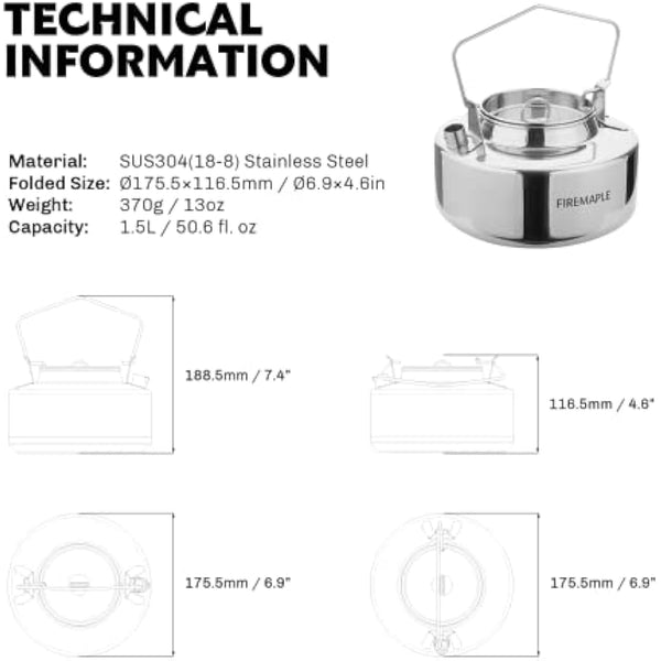 Fire Maple Antarcti Pot Kettle Series | Portable Durable Bushcraft Gear | SUS304 Stainless Steel (Antarcti 1.5L Kettle)