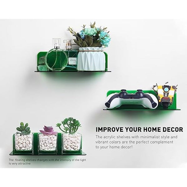 OAPRIRE Acrylic Floating Wall Shelves Set of 2 - Easily Expand Wall Space - Small Shelf for Bathroom, Bedroom, Kitchen, etc - with Cable Clip, Drill-free installation, 9 Inch - Emerald Green