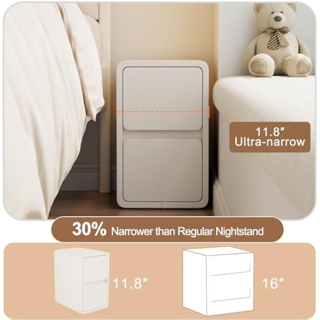 AQIMUELE Small Bedside Table, Narrow Bedside Cabinet with Drawers，Pre-assembled Slim Bedside Table with Leather Surface for Bedroom, 30cm (White)