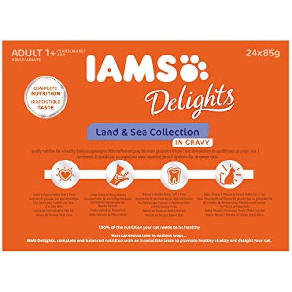 IAMS Delights Complete Wet Cat Food for Adult 1+ Cats Meat and Fish Variety in Gravy Multipack 24 x 85 g Pouches