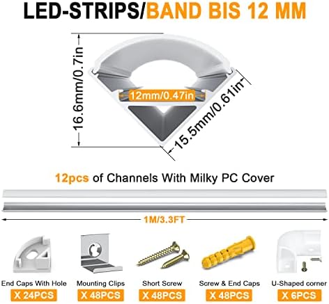 Angdarun LED Profile, 12 Pack LED Aluminum Profile V-Shape 3.3ft/1Meter, LED Aluminum Channel, for LED Channel/Led Diffuser, with Milky White LED Strip Cover, Mounting Material for LED Strip Lights