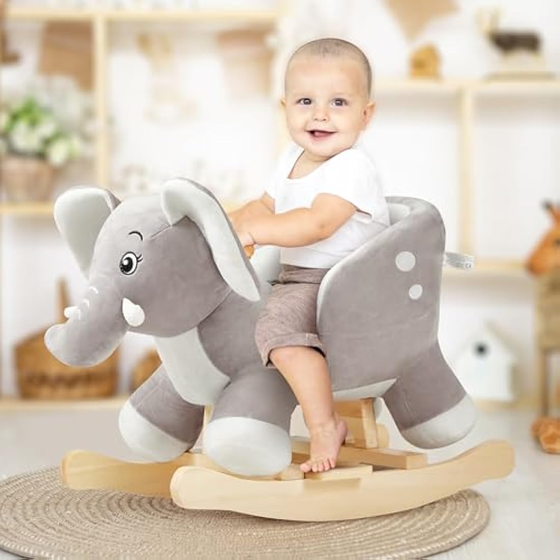 FUNLIO Elephant Baby Rocking Horse for Toddlers 6 Months to 3 Years, Cute & Graceful Grey Elephant Rocker for Baby Girl, Stuffed Plush Ride-on Rocking Animal, Easy to Assemble, CPC & CE Certified
