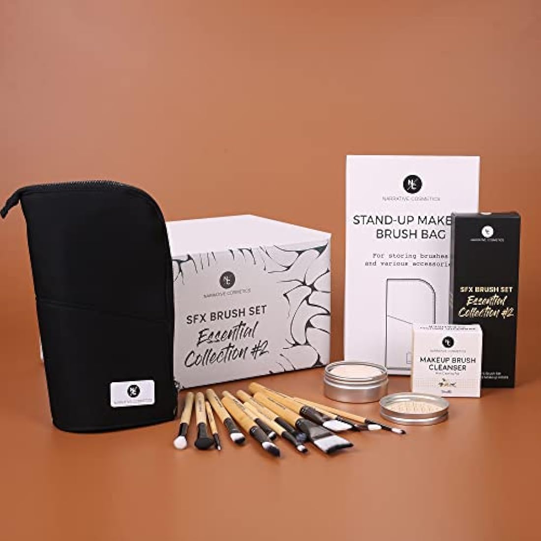 Essential SFX Makeup Brush Kit - 12 Piece Special Effects Set with Vanilla Fragrance Brush Soap Cleanser & Standing Makeup Brush Bag - Film, Theater, Halloween - Collection #2