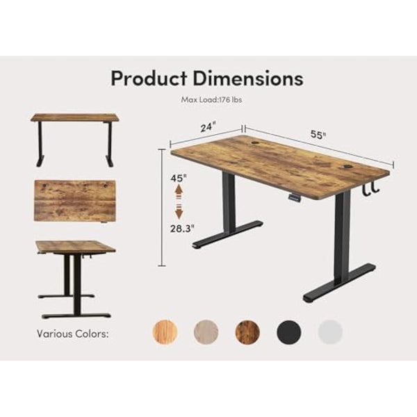 FEZIBO Electric Height Adjustable Standing Desk, 60x140cm Ergonomic Home Office Table with Splice Board & Rustic Wood Grain Surface, Upgraded Stable Steel Frame for Sit-Stand Workstation