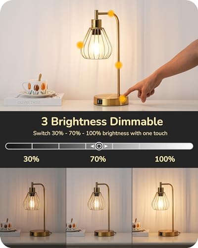EDISHINE Bedside Lamps Set of 2, Dimmable LED Table Lamp, Teardrop Cage Lampshade, USB Charging Ports, Touch Lamps for Living Room, Bedroom, E27 Socket, Bulb Included, Gold