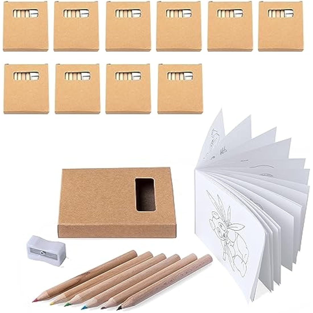 50 Boxes of 6 Mini Colored Pencils, 1 Mini Coloring Book and 1 Pencil Sharpener. In total: 300 Mini Pencils, 50 Mini Children's Books and 50 Pencil Sharpeners