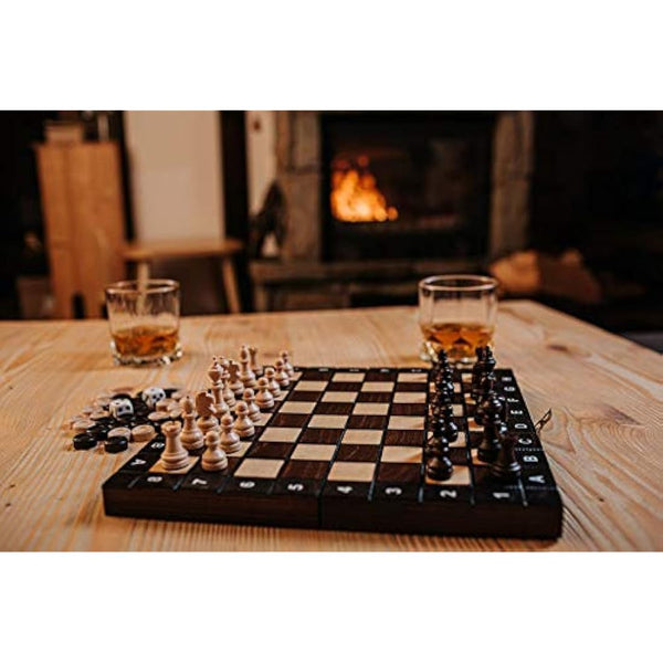 3in1 Backgammon Chess and Checkers Set | Master of Chess | Small Wooden Chess Board 26 cm | Handmade Portable Chess Draughts/Drafts and Backgammon Set for Adults and For Kids