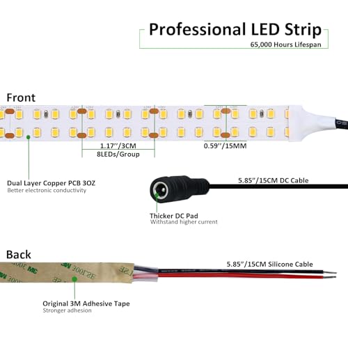 JOYLIT 24V LED Strip Lights 5M 3000K Warm White Dual Row 11200LM Ultra Bright, CE UL Professional CRI 90+ 240LEDs/M High Density 2835 SMD 120W