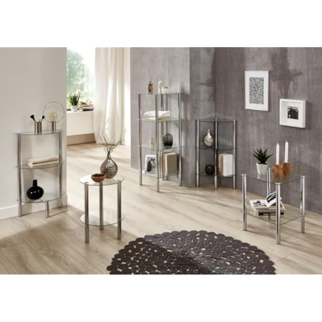 HAKU Möbel End Table Chrome, Metal, Tempered Glass - Size: H 47 cm X Ø 35 cm, Style: Modern