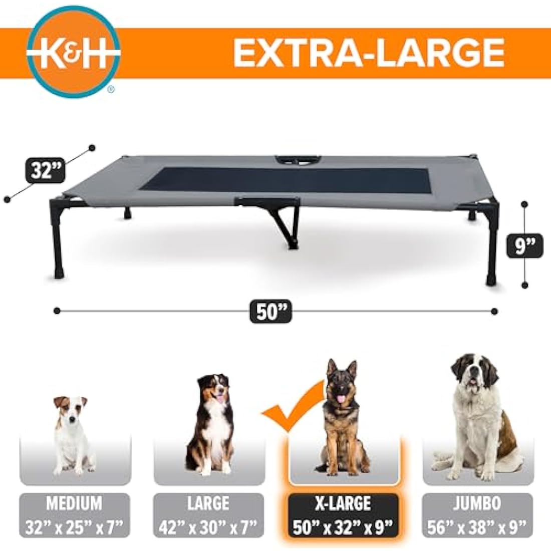 K&H Pet Products Cooling Elevated Dog Bed Outdoor Raised Cot with Washable Breathable Mesh, No-Slip Rubber Feet, Portable Cot Indoor Outdoor, X-Large Grey/Black Mesh