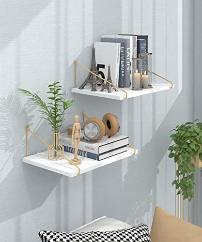 Afuly Wide Floating Shelves White Wood Wall Shelf with Gold Bracket Large Wall Organizer 12 inch Deep Storage Shelves for Bedroom, Bathroom, Living