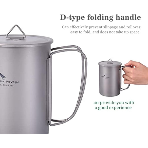 iBasingo 1050ml Titanium Bottle with 600ml Nesting Cup Outdoor Camping Single Layer Wide Mouth Cookware Lightweight Portable Big Capacity Bottle Mug Set Hiking Picnic Solo Cooking Mess Kit Ti3007D