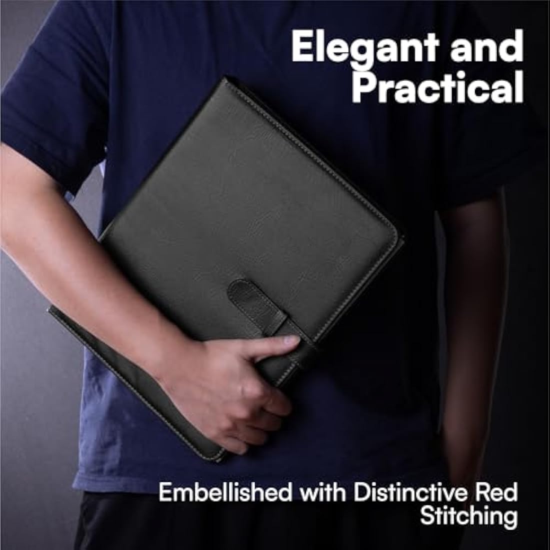 H&S A4 Portfolio Folder with Ring Binder Mechanism - with 40 Plastic A4 Document Pockets - Black Faux Leather Conference Folder