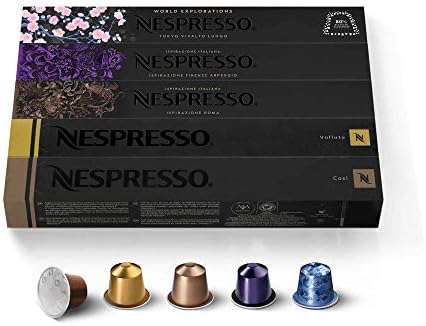 Nespresso Original Coffee Pods, 50 Mixed Pack - 10 Volluto, 10 Roma, 10 Cosi, 10 Vivalto and 10 Arpeggio Capsules for Nespresso Machines. Make Espressos, Cappuccino and Macchiato. Recyclable Pods