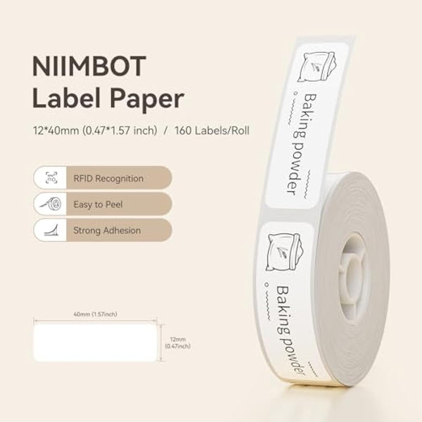 NIIMBOT Thermal Label Maker Tape Waterproof Lables 0.47" x 1.57"(12×40mm) Printer Sticker Labeling Tape with Self-Adhesive for D11/D110/D101 Label Maker(White)