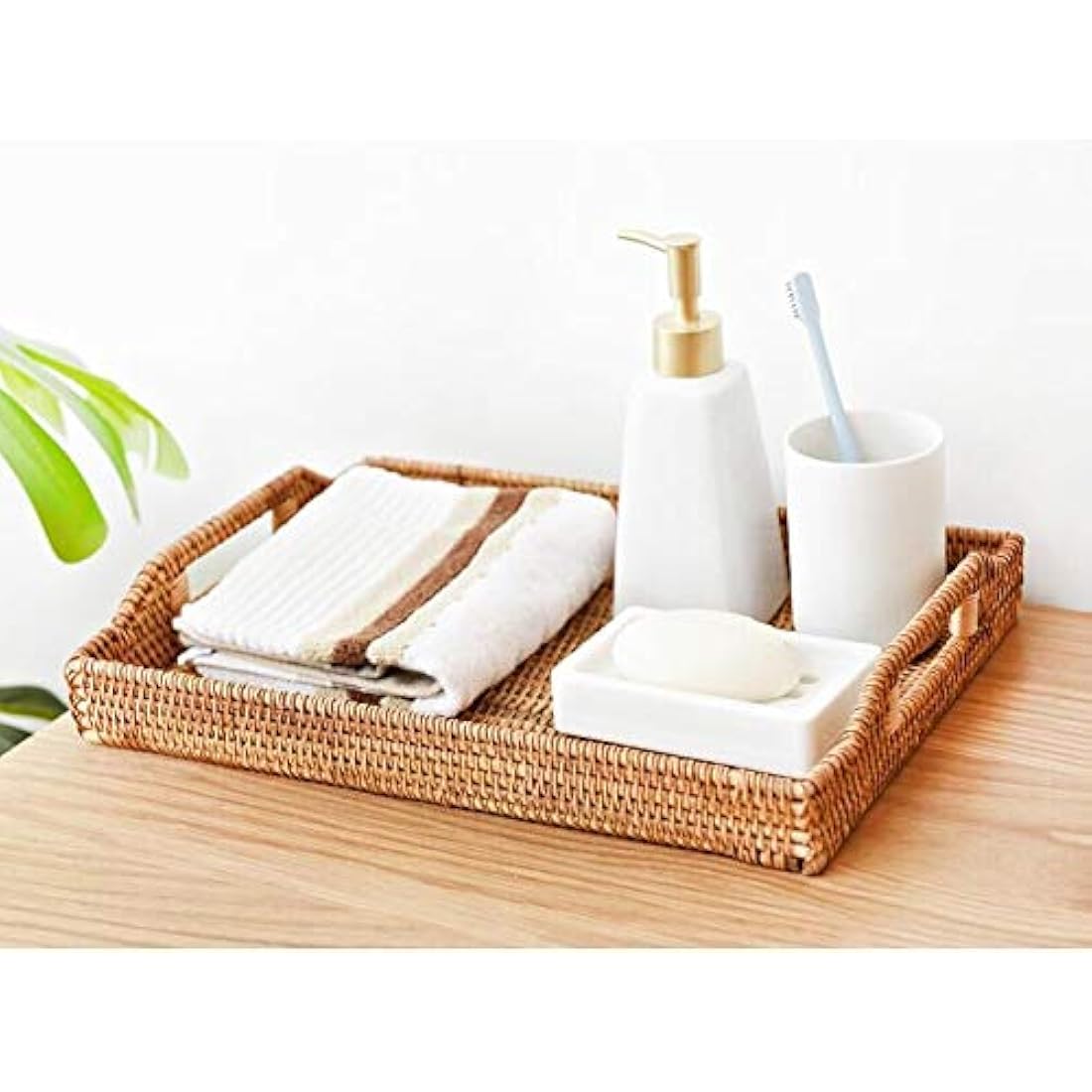 DOKOT Rattan Tray Tea Trays Rectangle Serving Tray with Handles for Coffee Table, Food, Drinks, Dinner, Breakfast, Home Decor Natural, 17x11.4x1.8inches