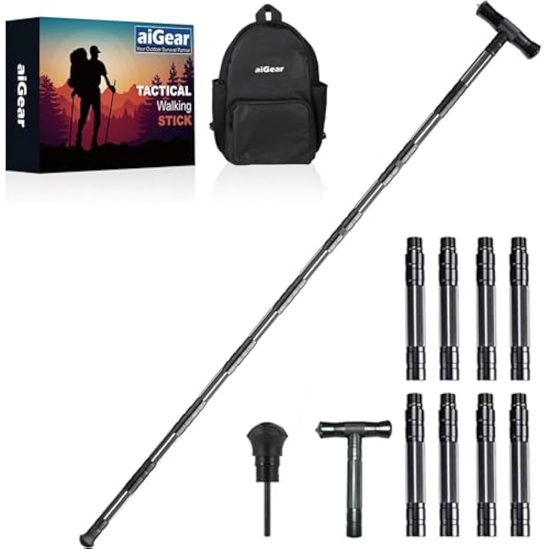 aiGear Tactical Stick/Hiking Trekking Poles | CNC Machined Aluminum Tactical Cane with 3 Outdoor Tool | Suitable For Hiking Camping Mountaining Backpacking | Color Black