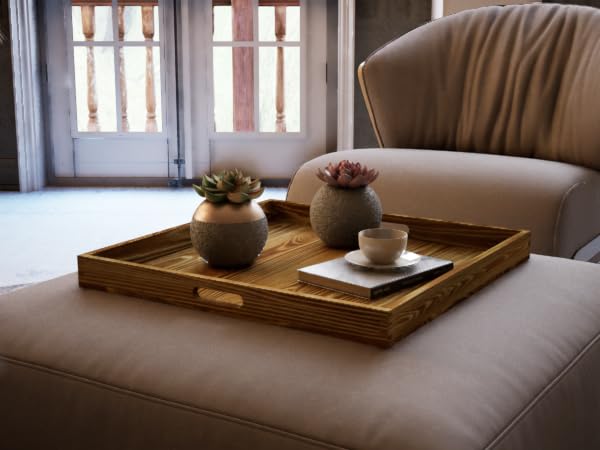 Hanobe Square Large Ottoman Tray: Extra Large Serving Tray with Handles Rustic Wood Decorative Coffee Table Trays Farmhouse Home Decor for Living Room