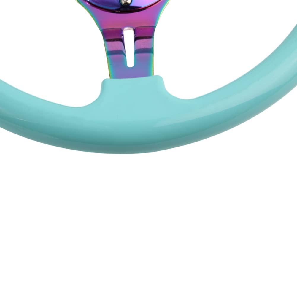 350mm Green Racing Steering Wheel Neo Chrome Spoke Universal 6 Bolts 45mm Deep Dish Classic ABS Wood Steering Wheel with Horn Button