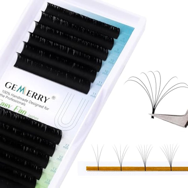 Easy Fan Lash Extensions 0.07mm 8-14mm C curl Mix Tray Russian Volume Noir Lash Automatic Blooming Self Fanning Lashes 2D-20D Long Individual Volume Lashes Gemerry Lash(0.07-c curl-mix 8-14mm)